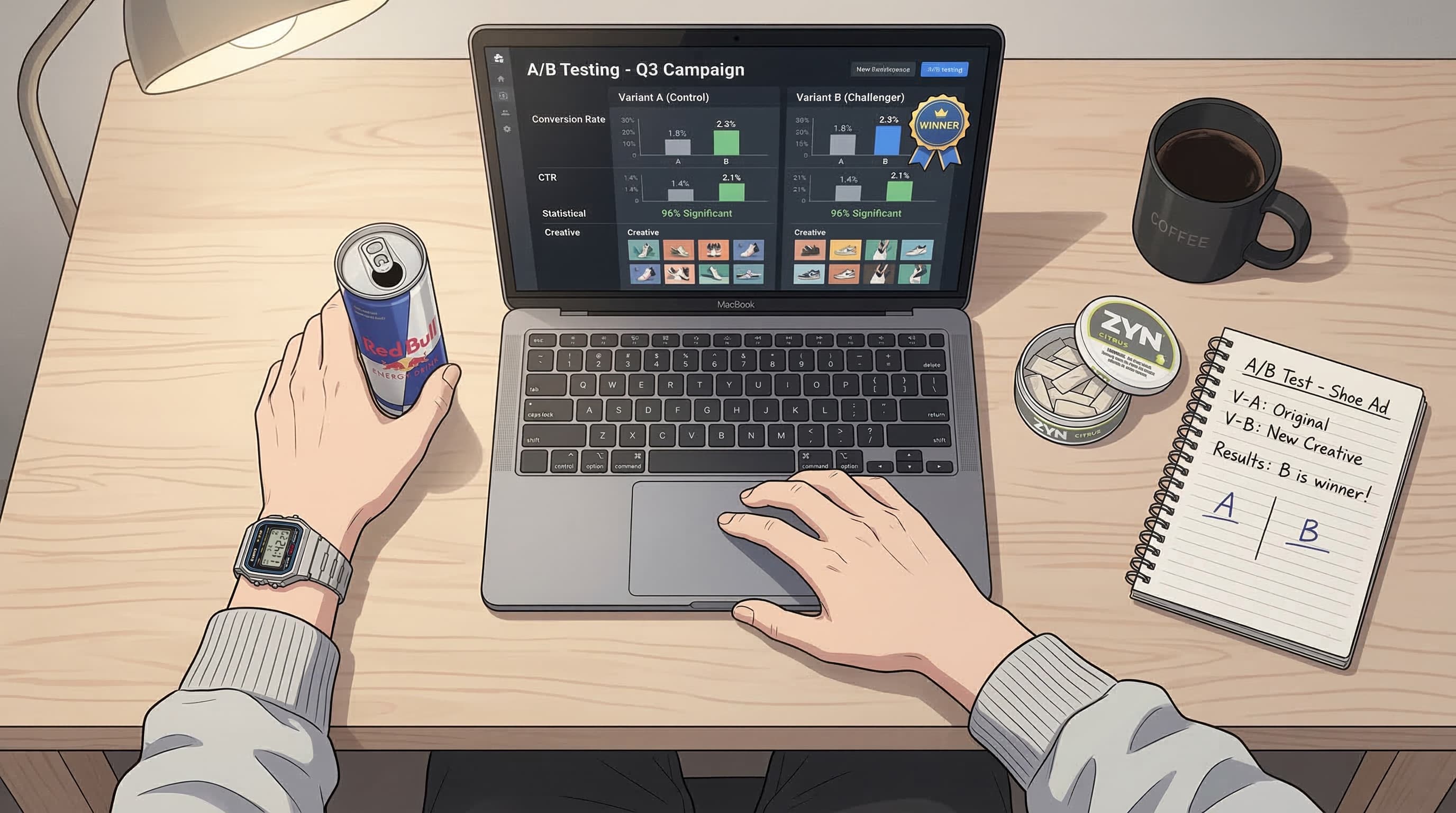 Anime-style overhead desk setup showing an A/B testing dashboard with variant performance bars and statistical significance indicators
