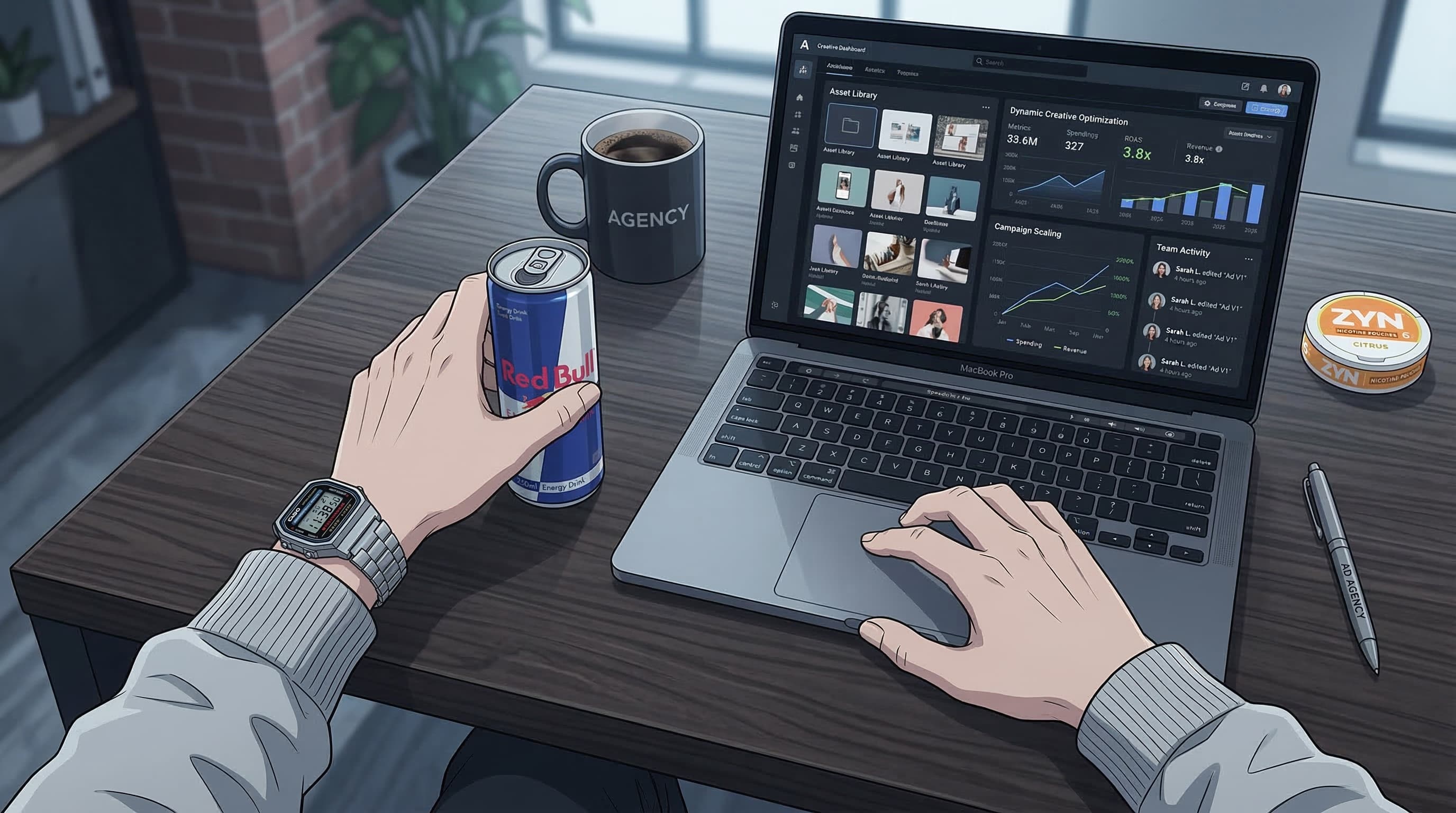Anime-style overhead desk setup showing an enterprise creative production dashboard with asset library and campaign scaling graphs