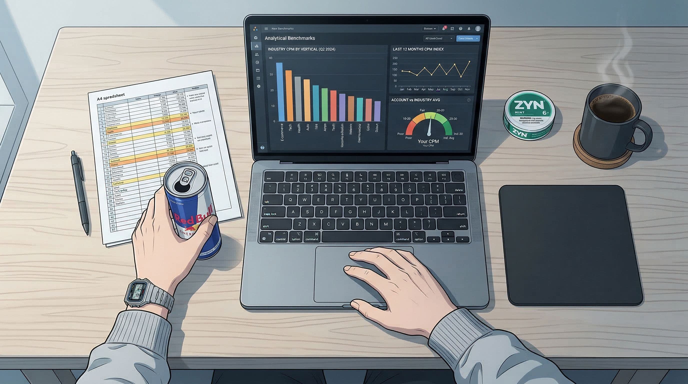 Anime-style overhead desk setup showing a benchmarks dashboard with industry comparison charts, CPM trend lines, and performance gauges
