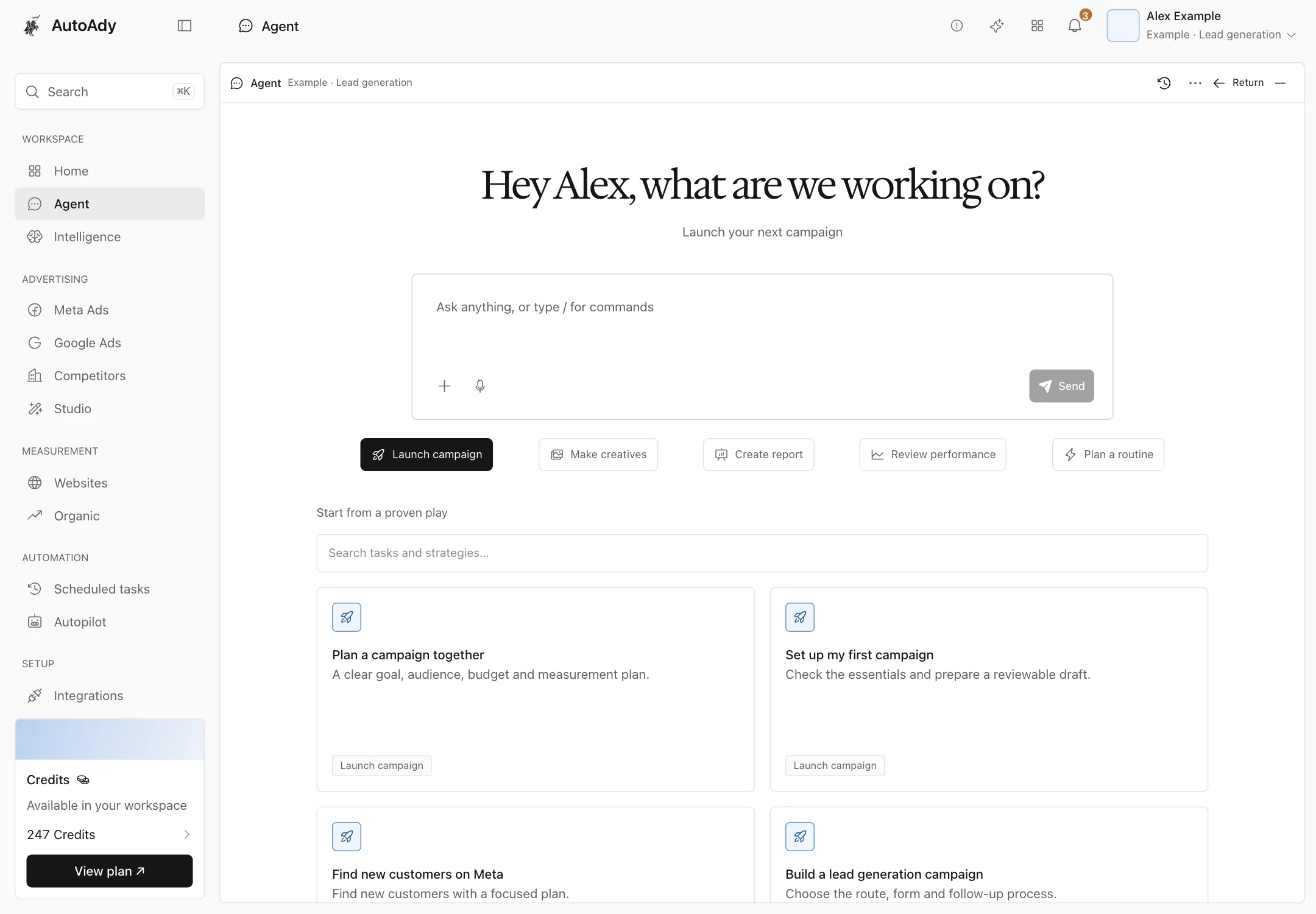 Current AutoAdy Agent workspace showing task prompts and its media-buying library