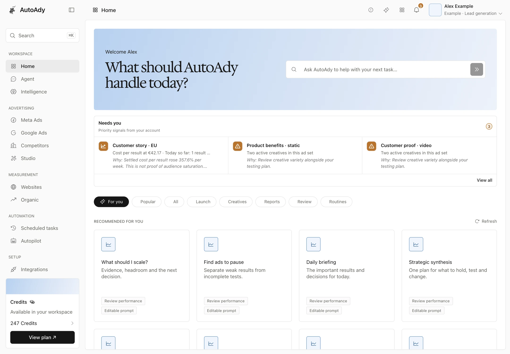 Current AutoAdy Home workspace showing priority signals and recommended tasks with an example account