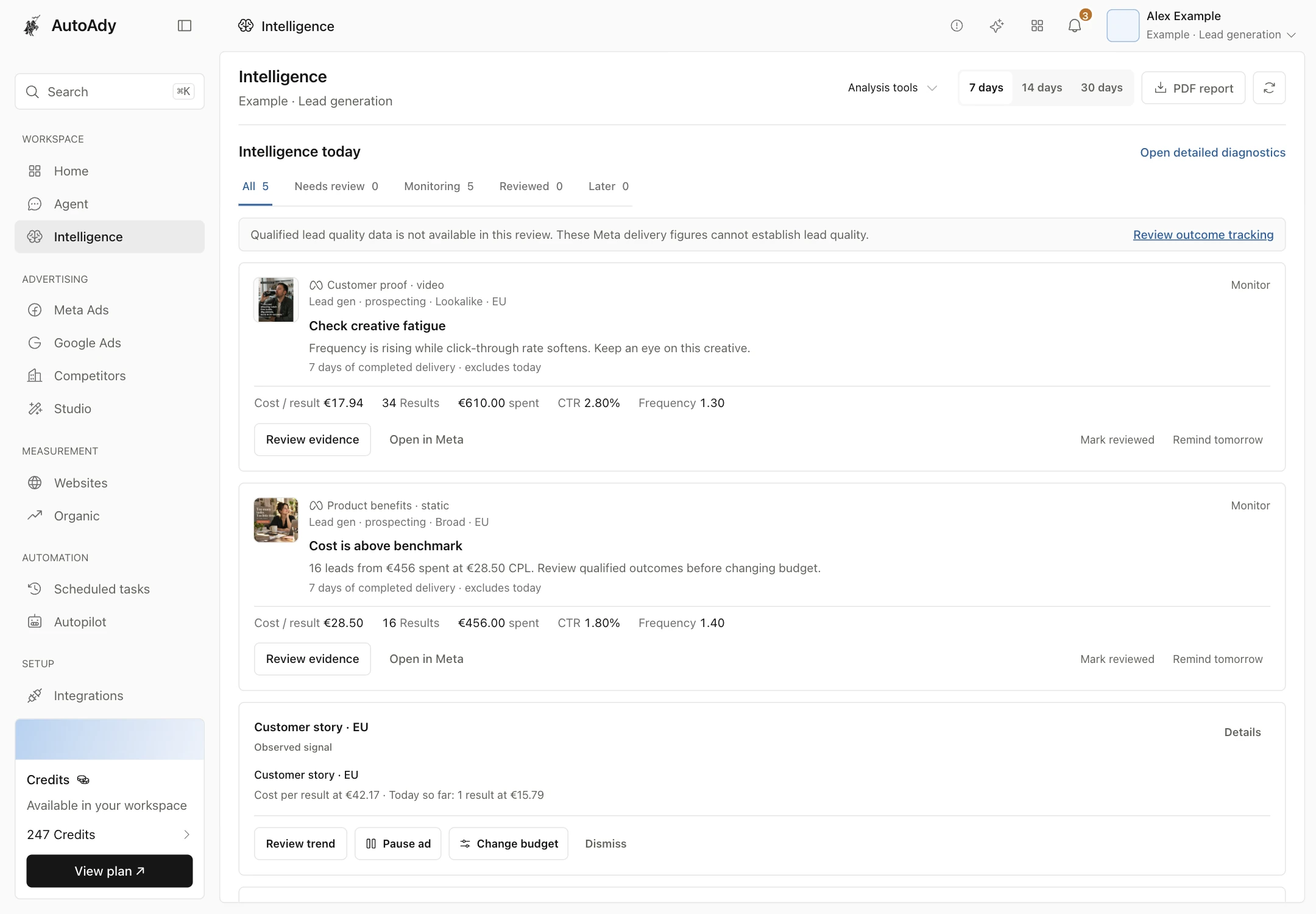 Example Intelligence screen with account findings and review controls
