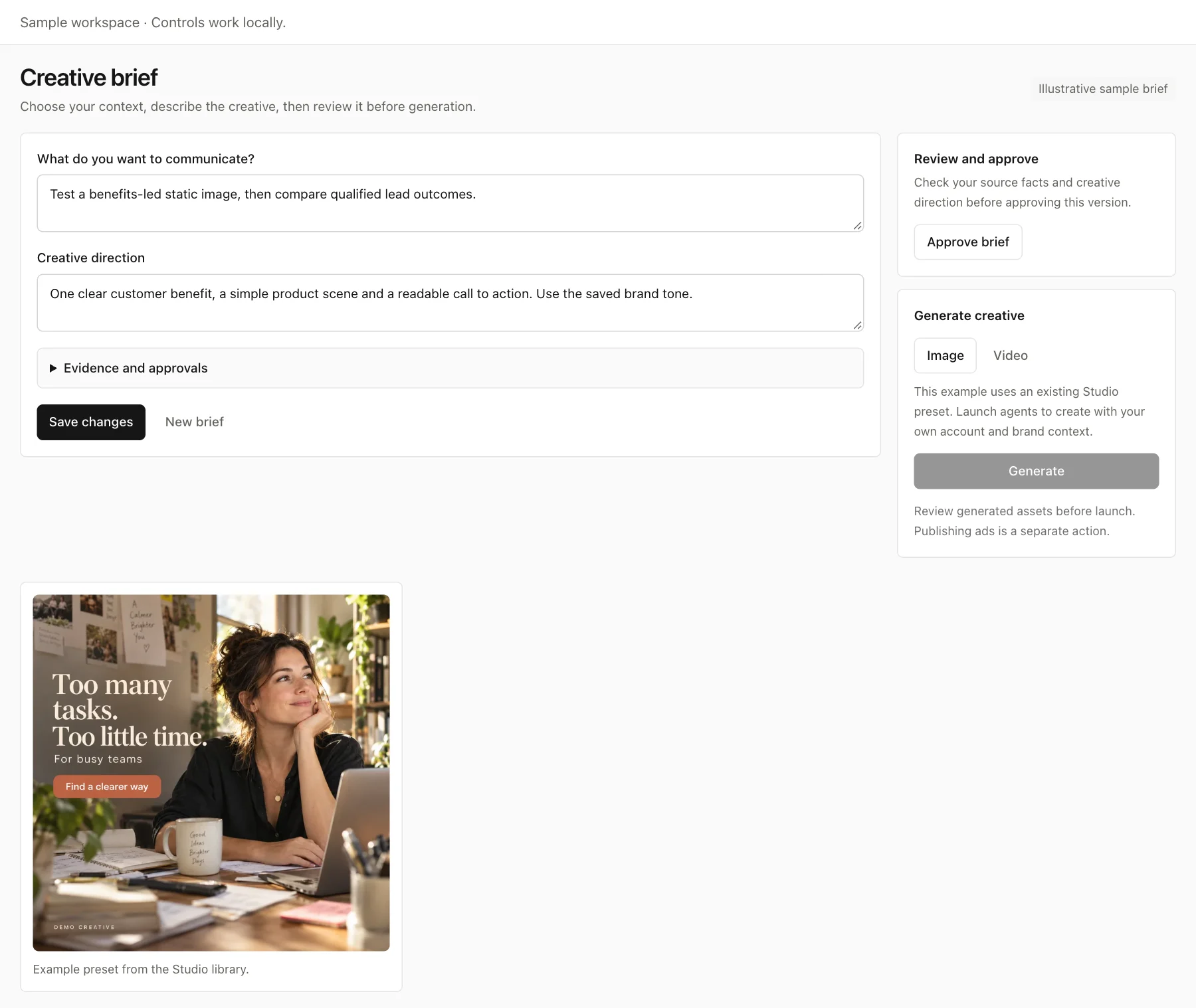 Native Studio creative brief with illustrative source facts and an existing preset image