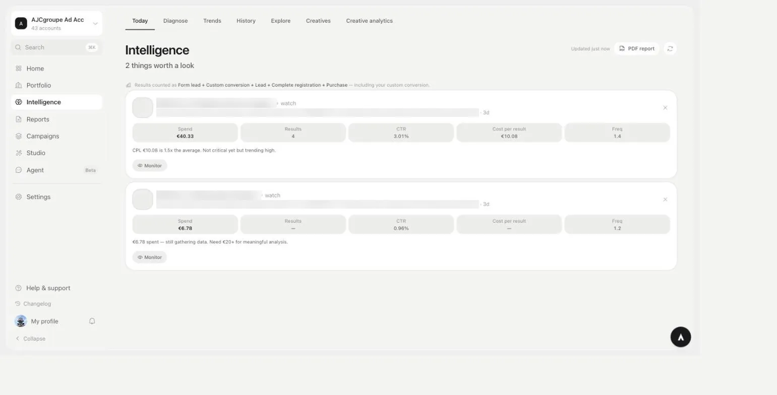 AutoAdy Intelligence tab listing two ads worth a look, each with spend, results, CTR, cost per result and frequency alongside a plain-English reason such as CPL being 1.5x the average